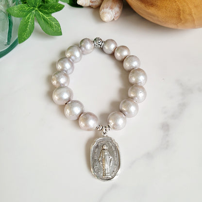 Freshwater Pearls Grey 14mm Beaded Bracelet w/ Large Squoval Stering Silver Medal of The Miraculous Medal of Mary