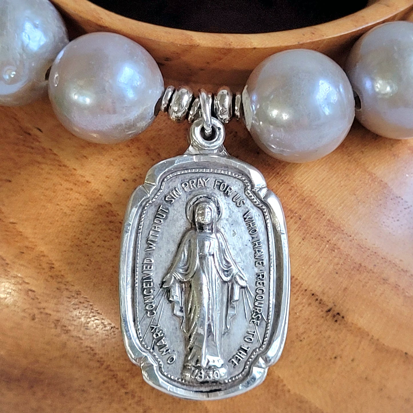 Freshwater Pearls Grey 14mm Beaded Bracelet w/ Large Squoval Stering Silver Medal of The Miraculous Medal of Mary