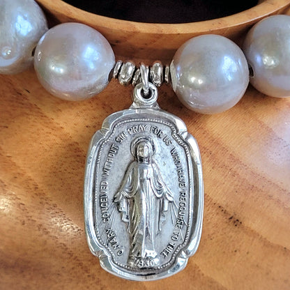 Freshwater Pearls Grey 14mm Beaded Bracelet w/ Large Squoval Stering Silver Medal of The Miraculous Medal of Mary