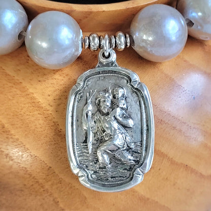 Freshwater Pearls Grey 14mm Beaded Bracelet w/ Large Squoval Stering Silver Medal of The Miraculous Medal of Mary