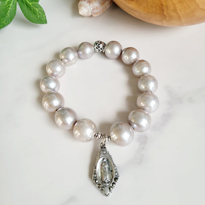 Freshwater Pearls Grey 14mm Beaded Bracelet w/ Large Sterling Silver Medal of Our Lady of Fatima