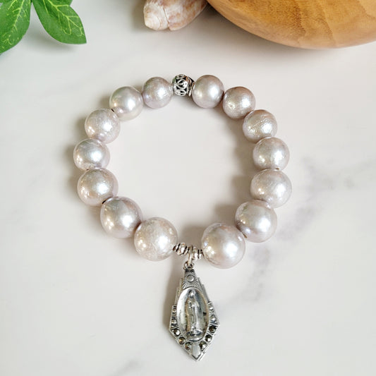 Freshwater Pearls Grey 14mm Beaded Bracelet w/ Large Sterling Silver Medal of Our Lady of Fatima