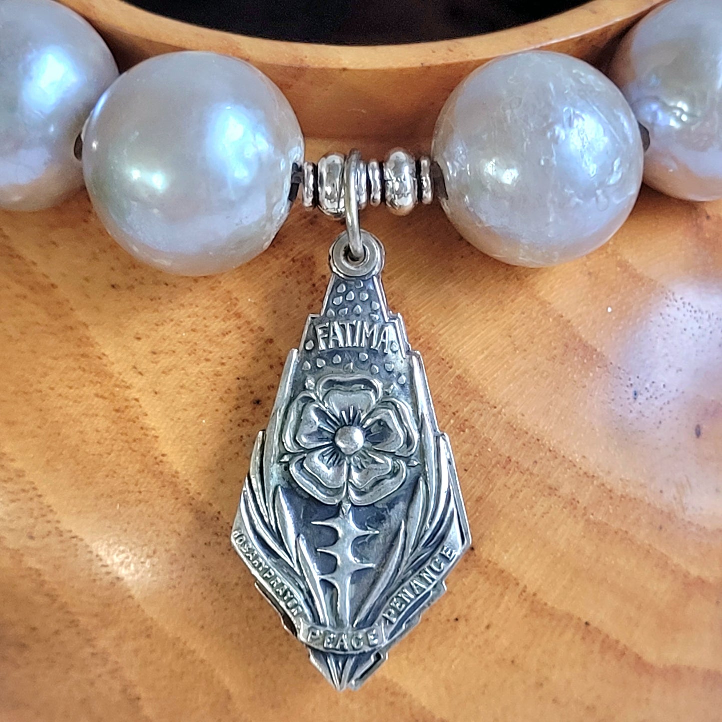 Freshwater Pearls Grey 14mm Beaded Bracelet w/ Large Sterling Silver Medal of Our Lady of Fatima