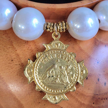 White Freshwater Pearl 12mm Beaded Bracelet w/Vintage Gold Plated Greek Cross