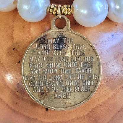 White Freshwater Pearl 12mm Beaded Bracelet w/ Vintage Gold Plated Medal of The Ten Commandments