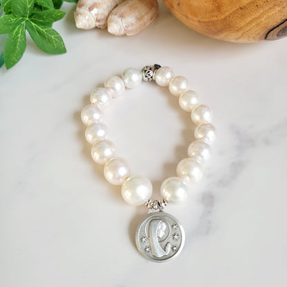 White Freshwater Pearl 12mm Beaded Bracelet w/ Vintage Signed Sterling Silver Medal of Our Lady of Lourdes