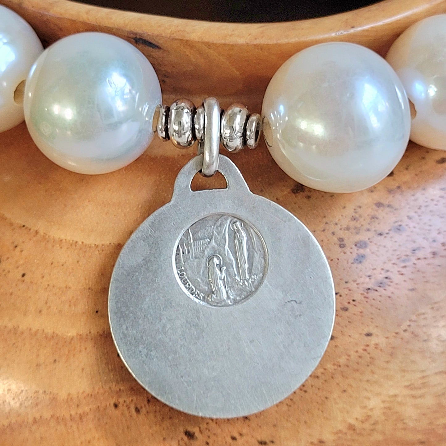 White Freshwater Pearl 12mm Beaded Bracelet w/ Vintage Signed Sterling Silver Medal of Our Lady of Lourdes