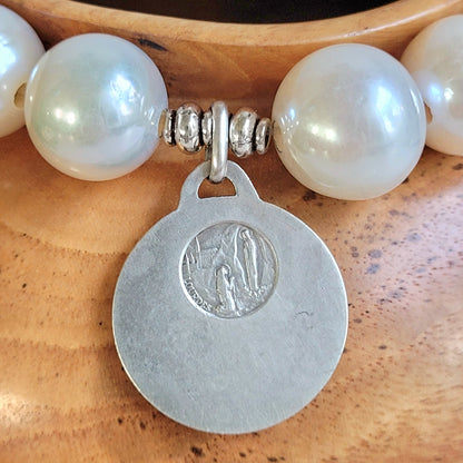 White Freshwater Pearl 12mm Beaded Bracelet w/ Vintage Signed Sterling Silver Medal of Our Lady of Lourdes