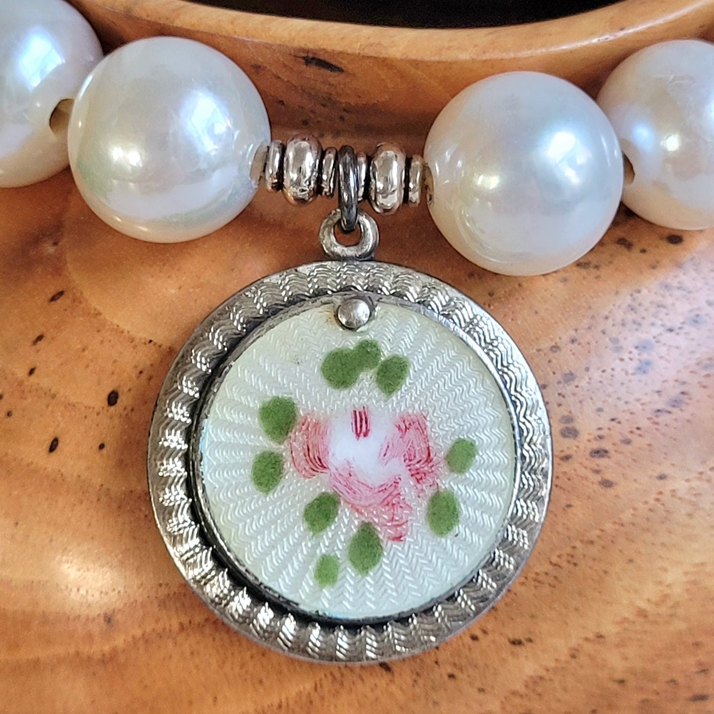 White Freshwater Pearl 12mm Beaded Bracelet w/Vintage Sterling Silver Locket Medal of Saints