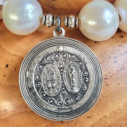 White Freshwater Pearl 12mm Beaded Bracelet w/Vintage Sterling Silver Locket Medal of Saints