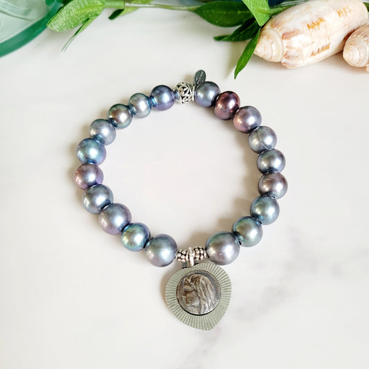 Peacock Freshwater Pearl 10mm Beaded Bracelet w/ Our Lady of Lourdes Heart Shaped Silver Plated Medal