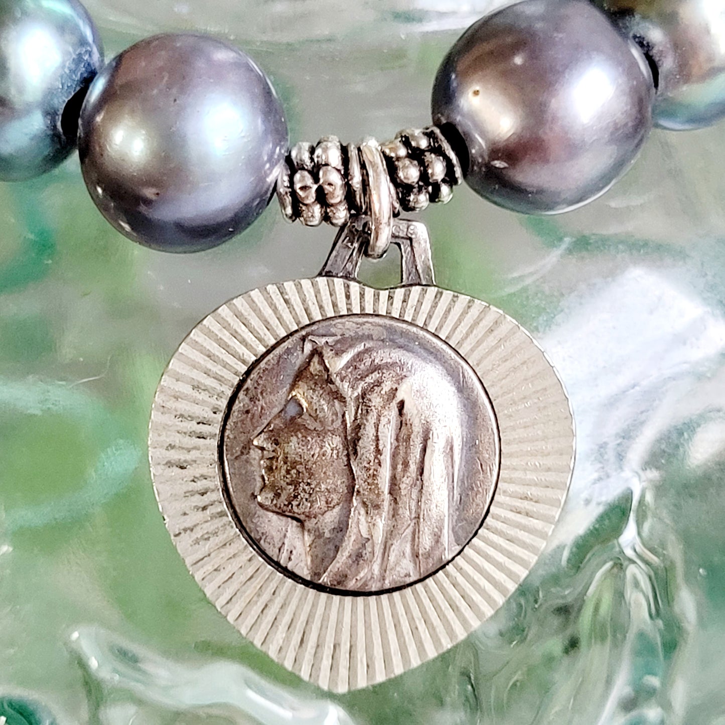 Peacock Freshwater Pearl 10mm Beaded Bracelet w/ Our Lady of Lourdes Heart Shaped Silver Plated Medal