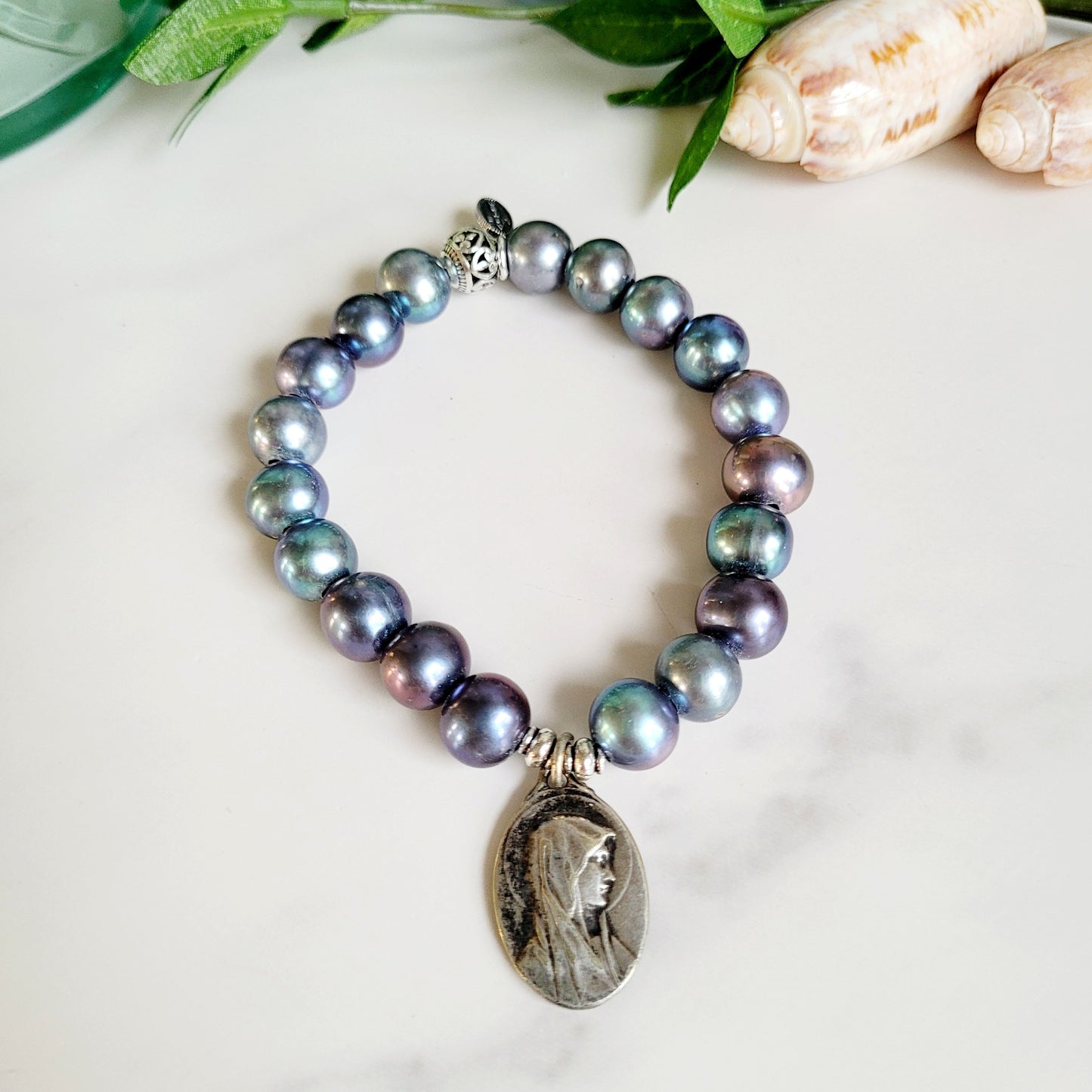 Peacock Freshwater Pearl 10mm Beaded Bracelet w/ Our Lady of Lourdes Silver Plated Metal from France