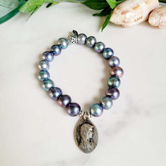 Peacock Freshwater Pearl 10mm Beaded Bracelet w/ Our Lady of Lourdes Silver Plated Metal from France