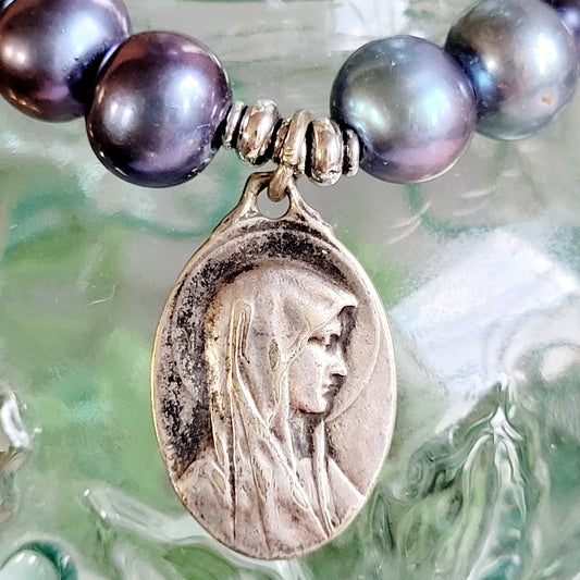 Peacock Freshwater Pearl 10mm Beaded Bracelet w/ Our Lady of Lourdes Silver Plated Metal from France