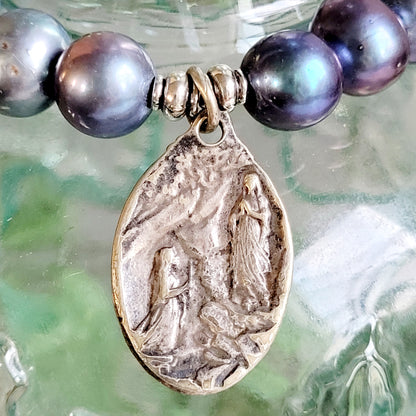 Peacock Freshwater Pearl 10mm Beaded Bracelet w/ Our Lady of Lourdes Silver Plated Metal from France