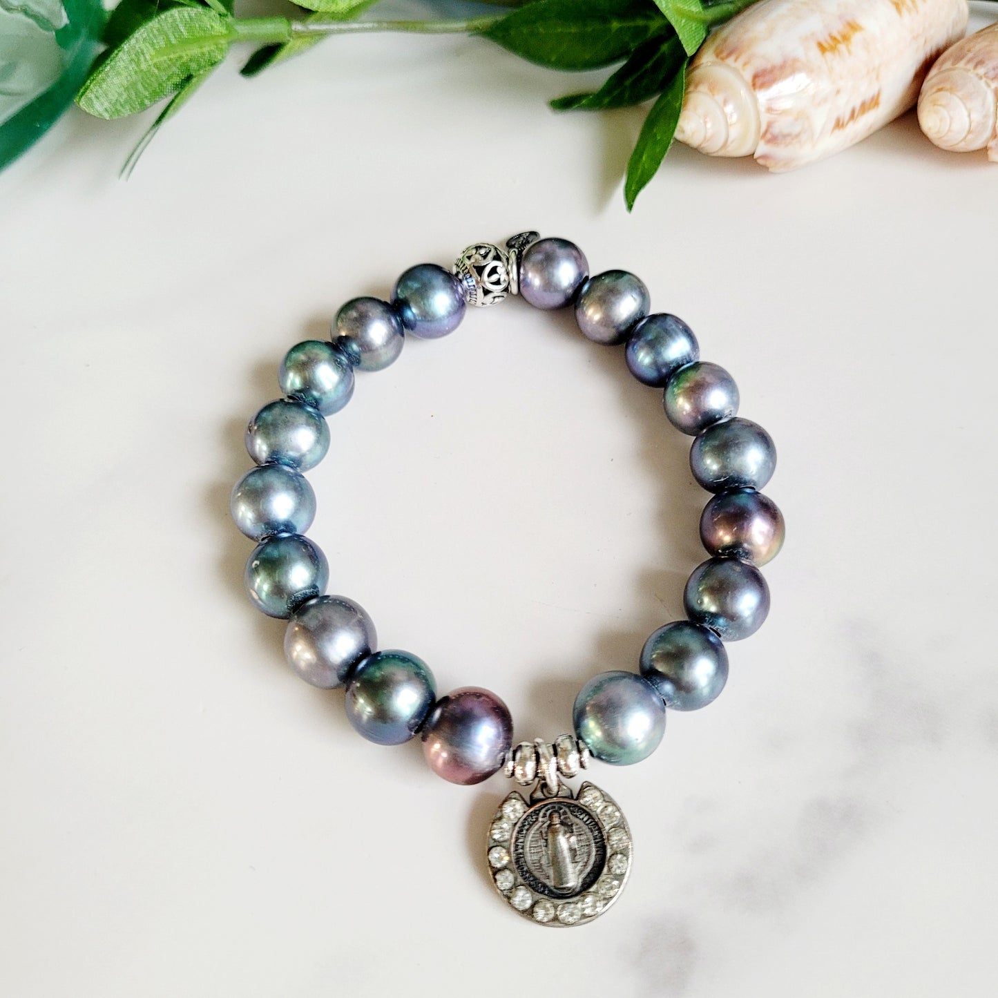 Peacock Freshwater Pearl 10mm Beaded Bracelet w/ St. Benedict Silver Plate Medal with CZ's
