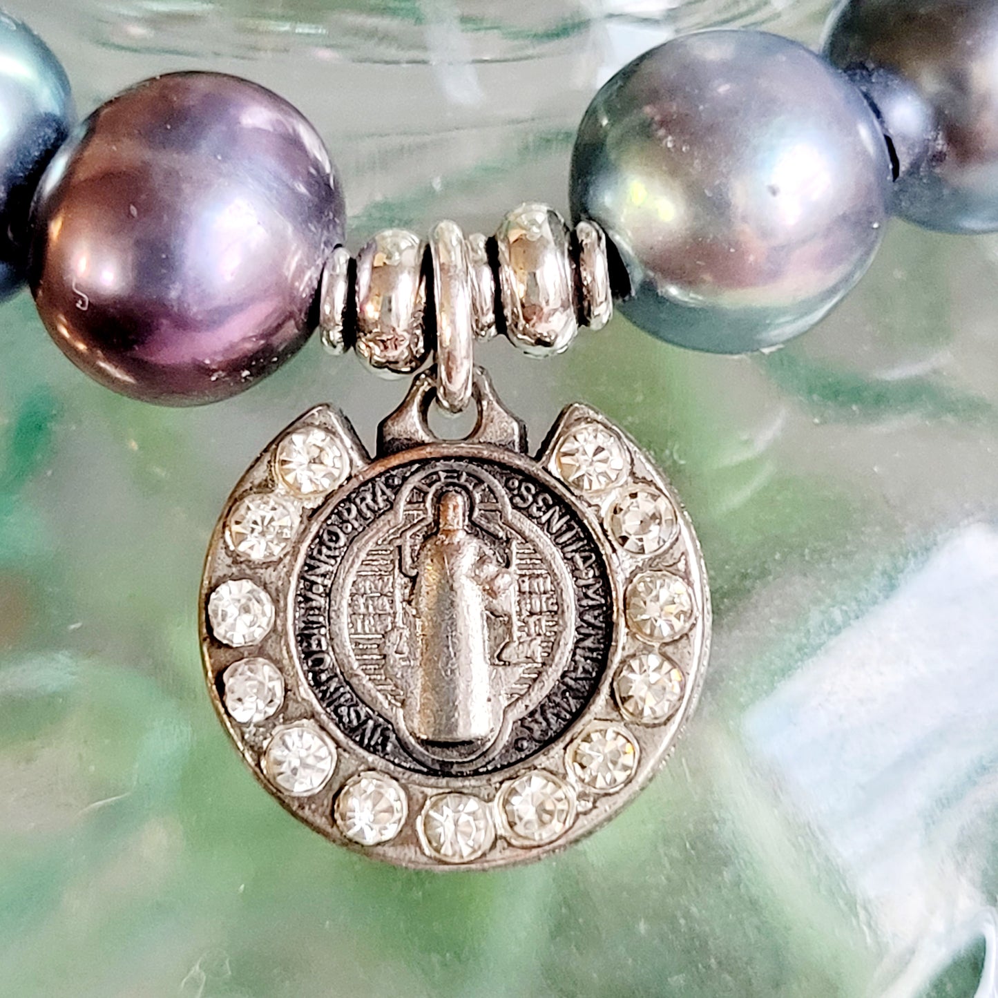 Peacock Freshwater Pearl 10mm Beaded Bracelet w/ St. Benedict Silver Plate Medal with CZ's