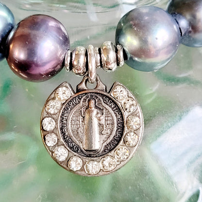 Peacock Freshwater Pearl 10mm Beaded Bracelet w/ St. Benedict Silver Plate Medal with CZ's