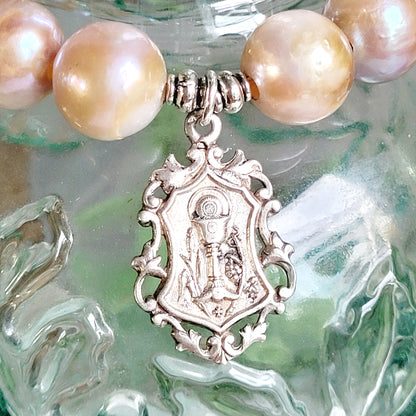 Pastel Freshwater Pearl 12mm Beaded Bracelet w/ Sterling Silver Art Nouveau Communion Medal