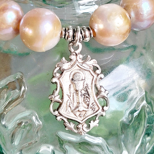 Pastel Freshwater Pearl 12mm Beaded Bracelet w/ Sterling Silver Art Nouveau Communion Medal