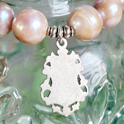 Pastel Freshwater Pearl 12mm Beaded Bracelet w/ Sterling Silver Art Nouveau Communion Medal
