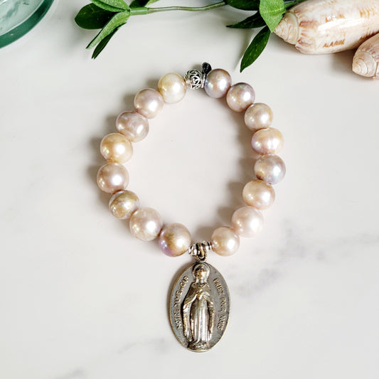 Pastel Freshwater Pearl 12mm Beaded Bracelet w/ Signed Sterling Silver Medal of Our Lady of the Cape