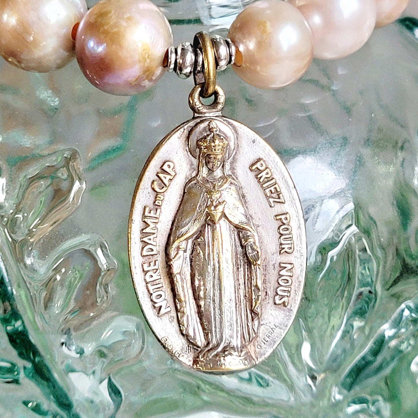 Pastel Freshwater Pearl 12mm Beaded Bracelet w/ Signed Sterling Silver Medal of Our Lady of the Cape