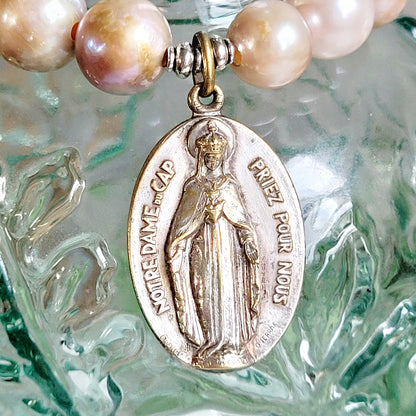 Pastel Freshwater Pearl 12mm Beaded Bracelet w/ Signed Sterling Silver Medal of Our Lady of the Cape