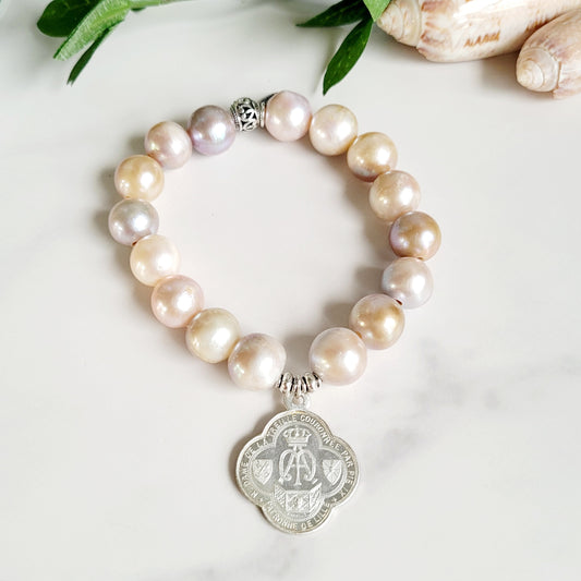 Pastel Freshwater Pearl 12mm Beaded Bracelet w/ Sterling Silver Our Lady of the Treille Medal from France
