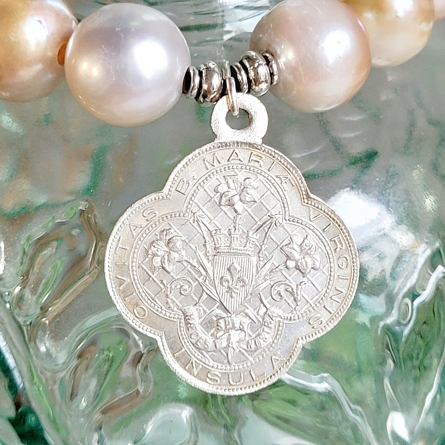 Pastel Freshwater Pearl 12mm Beaded Bracelet w/ Sterling Silver Our Lady of the Treille Medal from France