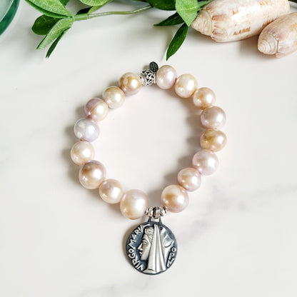 Pastel Freshwater Pearl 12mm Beaded Bracelet w/ Large Sterling Silver Medal of the Virgin Mary