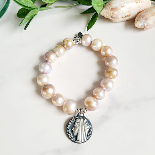 Pastel Freshwater Pearl 12mm Beaded Bracelet w/ Large Sterling Silver Medal of the Virgin Mary