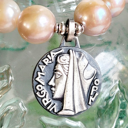 Pastel Freshwater Pearl 12mm Beaded Bracelet w/ Large Sterling Silver Medal of the Virgin Mary