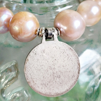 Pastel Freshwater Pearl 12mm Beaded Bracelet w/ Large Sterling Silver Medal of the Virgin Mary