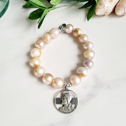 Pastel Freshwater Pearl 12mm Beaded Bracelet w/ Large Signed Sterling Silver Medal with Jesus and A Cross