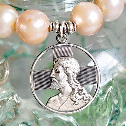 Pastel Freshwater Pearl 12mm Beaded Bracelet w/ Large Signed Sterling Silver Medal with Jesus and A Cross