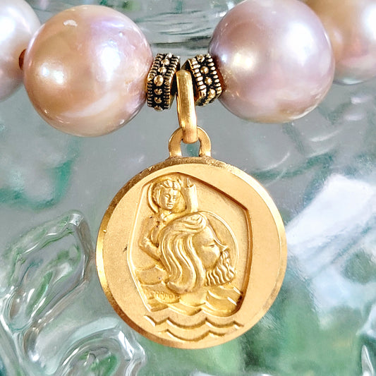 Pastel Freshwater Pearl 12mm Beaded Bracelet w/ Gold Plated Metal of St. Christopher