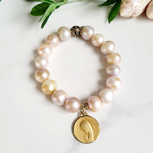 Pastel Freshwater Pearl 12mm Beaded Bracelet w/ Large Gold Plated Metal of The Virgin Mary in Prayer