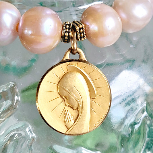 Pastel Freshwater Pearl 12mm Beaded Bracelet w/ Large Gold Plated Metal of The Virgin Mary in Prayer