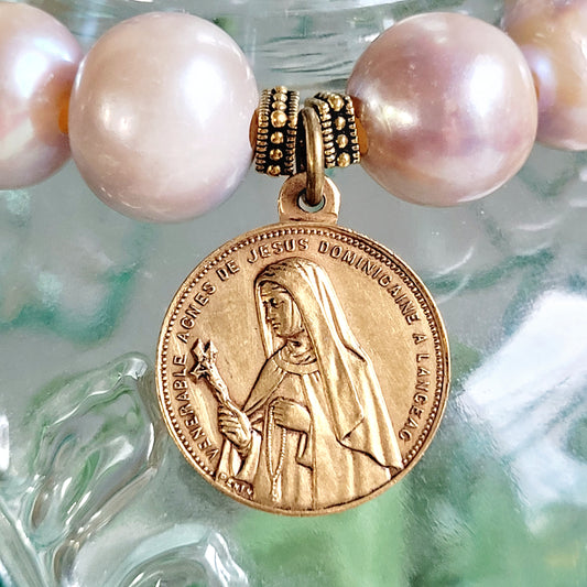 Pastel Freshwater Pearl 12mm Beaded Bracelet w/ Large Gold Plated Metal of Venerable Agnes of Jesus