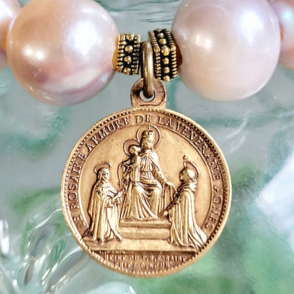 Pastel Freshwater Pearl 12mm Beaded Bracelet w/ Large Gold Plated Metal of Venerable Agnes of Jesus