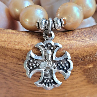 Gold Freshwater Pearl 10mm Beaded Bracelet w/ Vintage Sterling Silver French Cross
