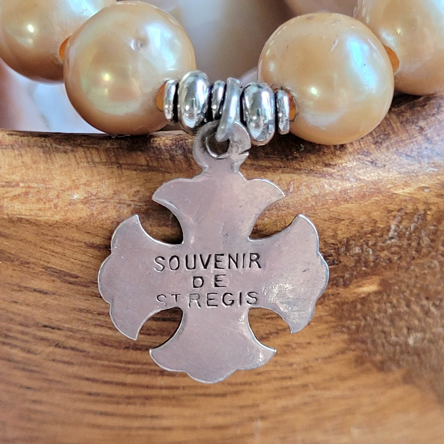 Gold Freshwater Pearl 10mm Beaded Bracelet w/ Vintage Sterling Silver French Cross