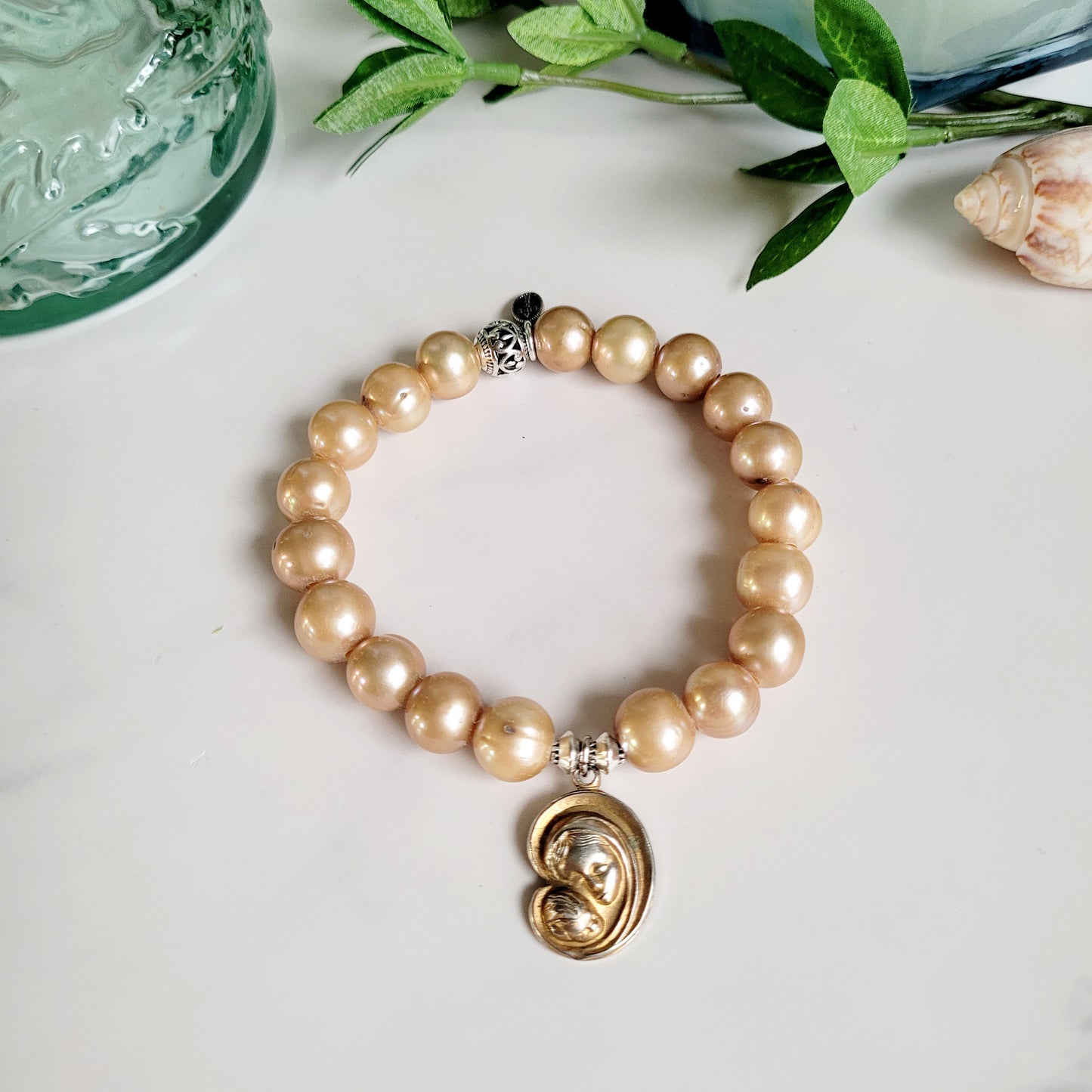 Gold Freshwater Pearl 10mm Beaded Bracelet w/ Vintage Stylized Bust of Mary with Baby Jesus