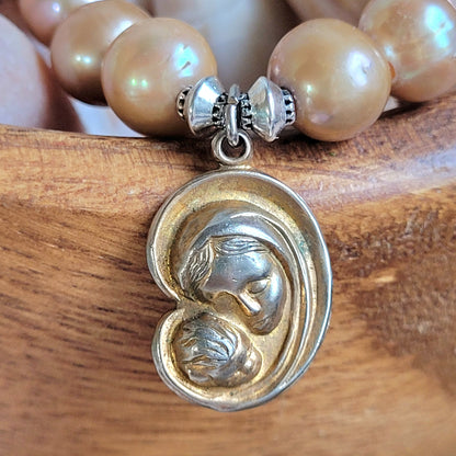 Gold Freshwater Pearl 10mm Beaded Bracelet w/ Vintage Stylized Bust of Mary with Baby Jesus