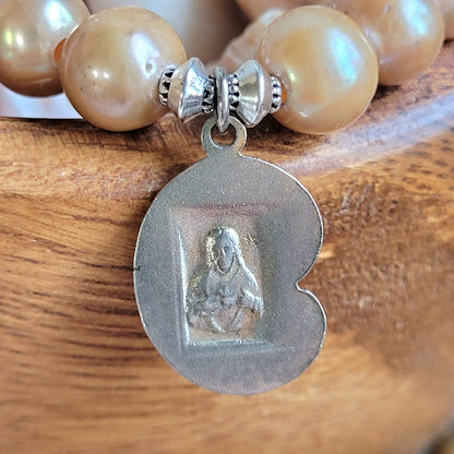Gold Freshwater Pearl 10mm Beaded Bracelet w/ Vintage Stylized Bust of Mary with Baby Jesus