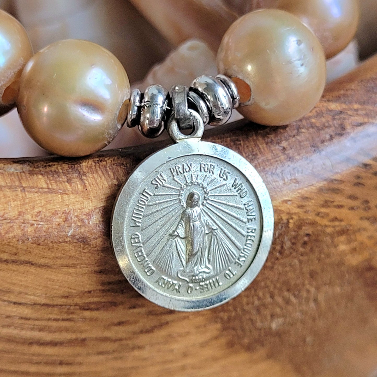 Gold Freshwater Pearl 10mm Beaded Bracelet w/ Vintage Sterling Silver Miraculous Medal of Mary