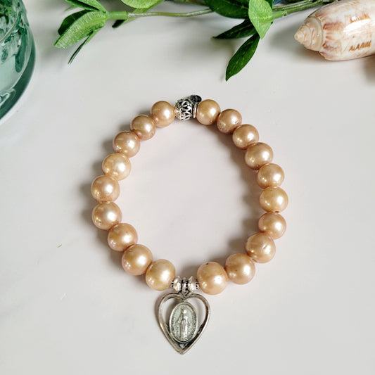 Gold Freshwater Pearl 10mm Beaded Bracelet w/ Vintage Sterling Silver Miraculous Medal of Mary