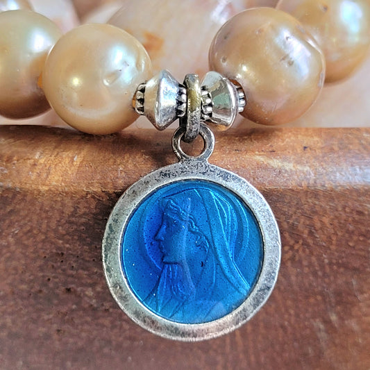Gold Freshwater Pearl 10mm Beaded Bracelet w/ Vintage Sterling Silver Blue Enameled Medal of Our Lady of Lourdes